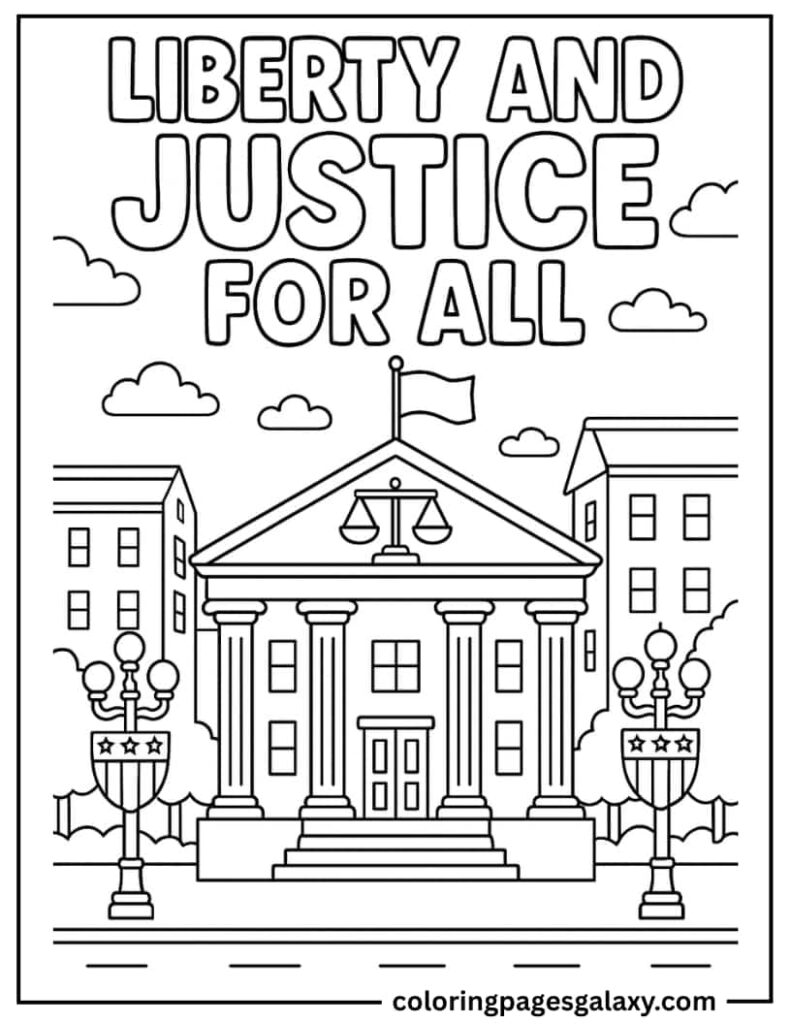 A Courthouse With Scales Of Justice And Historic Buildings Coloring Page For Kids