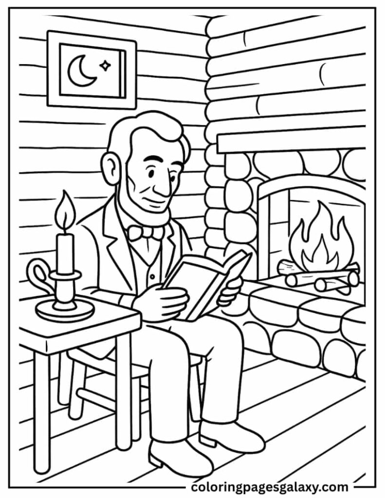 Abraham Lincoln Reading By Candlelight Coloring Sheet