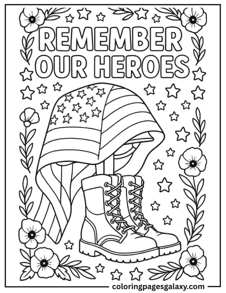 American Flag Folded Over Soldier's Helmet And Boots Coloring Sheet