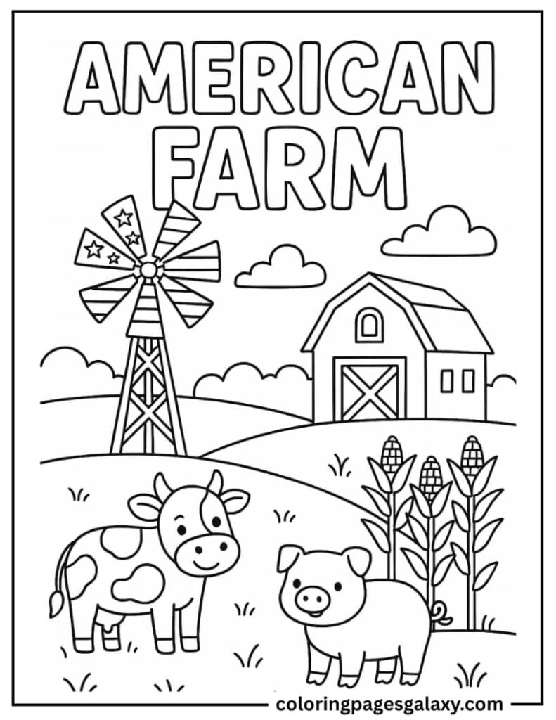 American Flag Windmill On Farm With Barn Animals Page To Color
