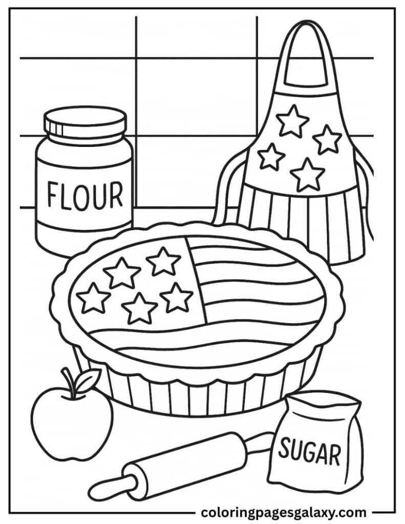 Apple Pie With A Flag Crust And A USA-Themed Apron Coloring Page