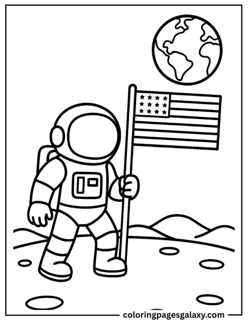 Astronaut Planting American Flag On Moon Surface Coloring Page For Kids