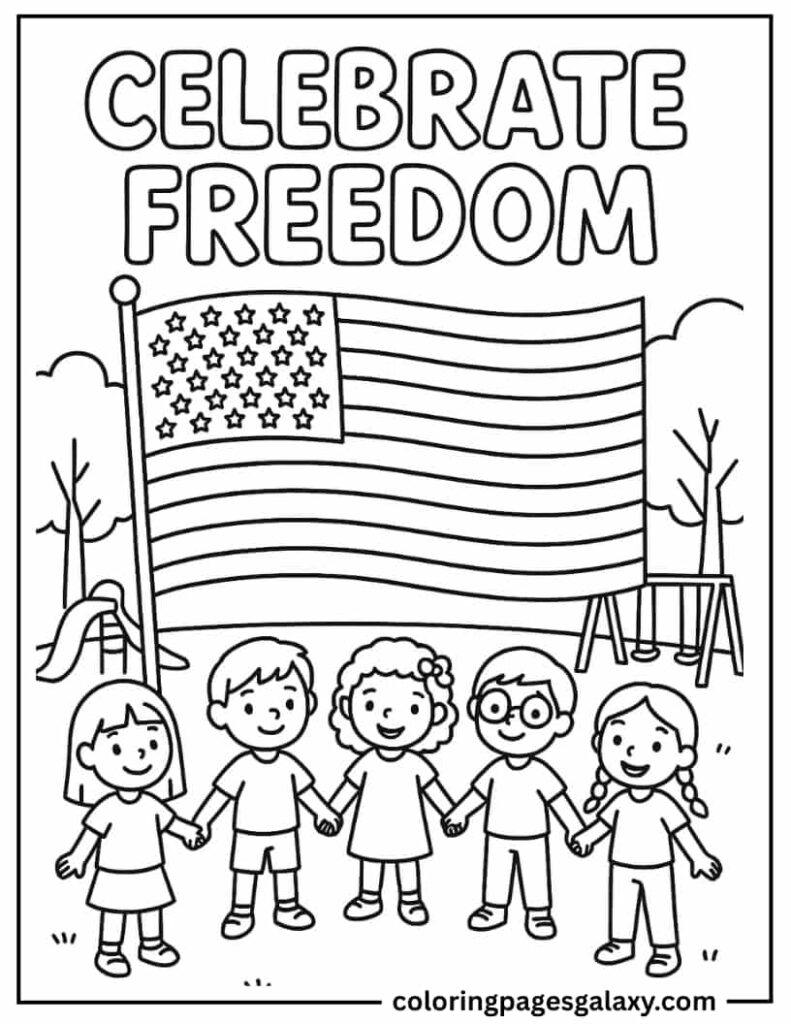 Children Holding Hands Around Giant USA Flag Coloring Page