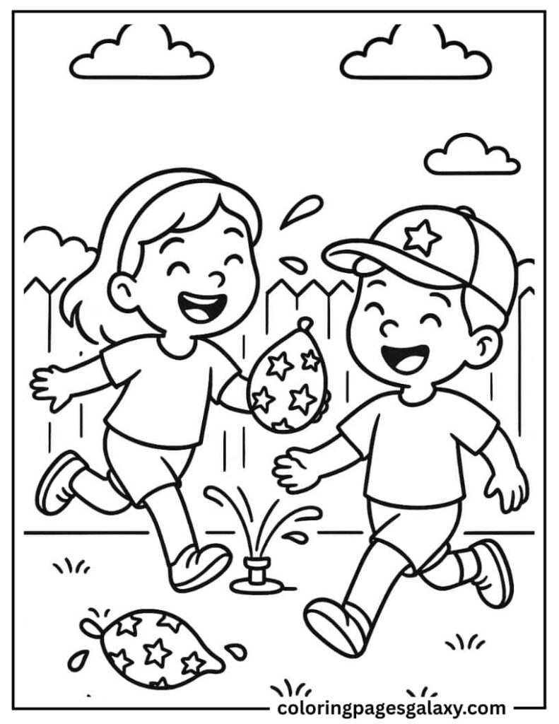 Children Playing Water Balloons on Independence Day Page to Color