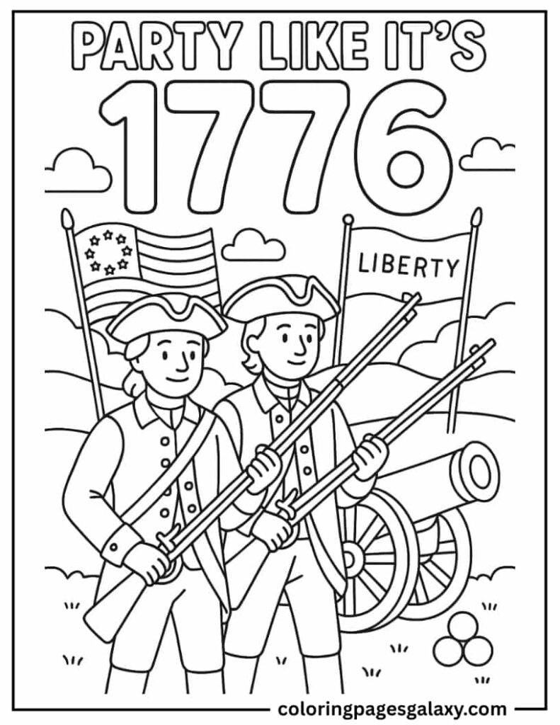 Colonial Soldiers with Muskets and Tricorn Hats with Text Party Like It's 1776 Coloring Sheet