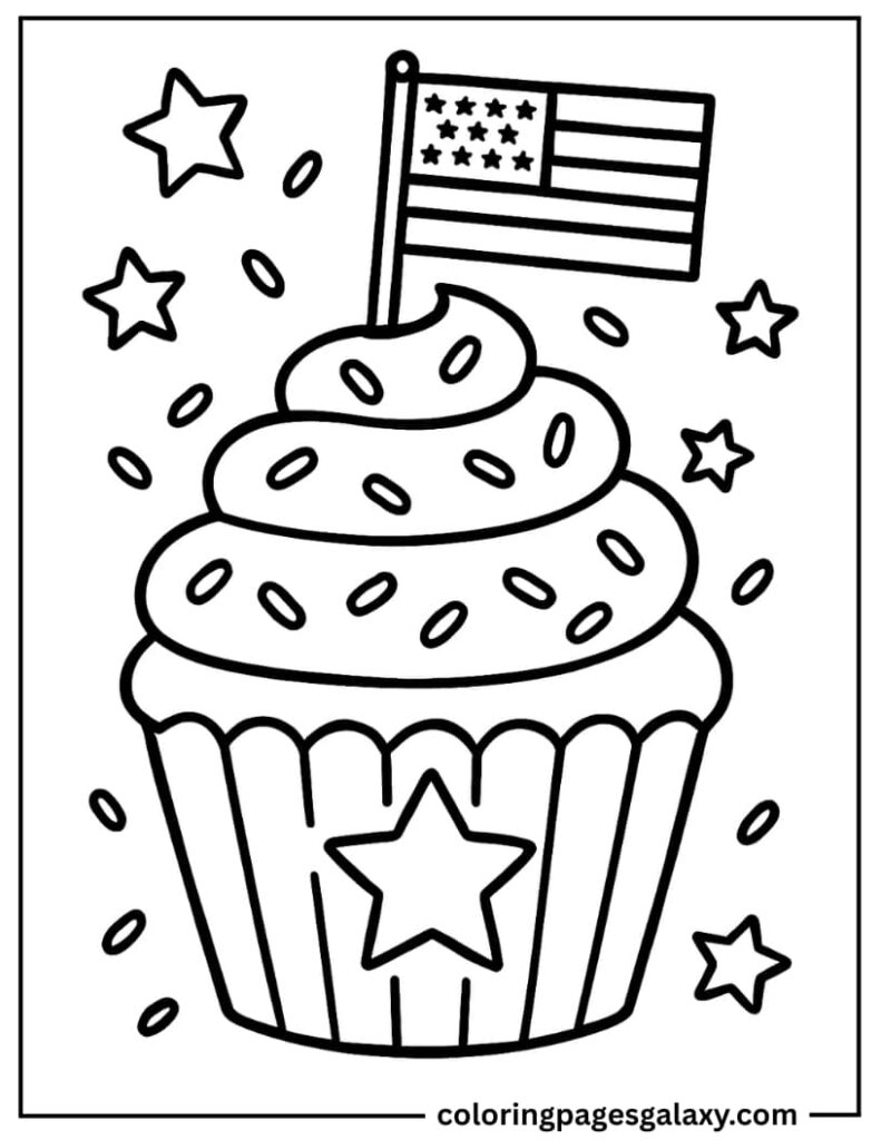 Cupcake With USA Flag Topper Coloring Page