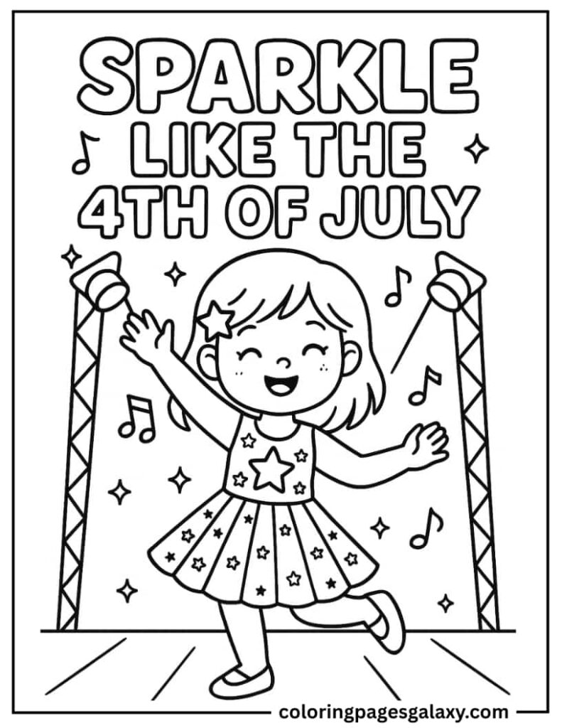 Cute Girl In Sparkly Dress With Text Sparkle Like The Fourth Of July Coloring Page For Kids