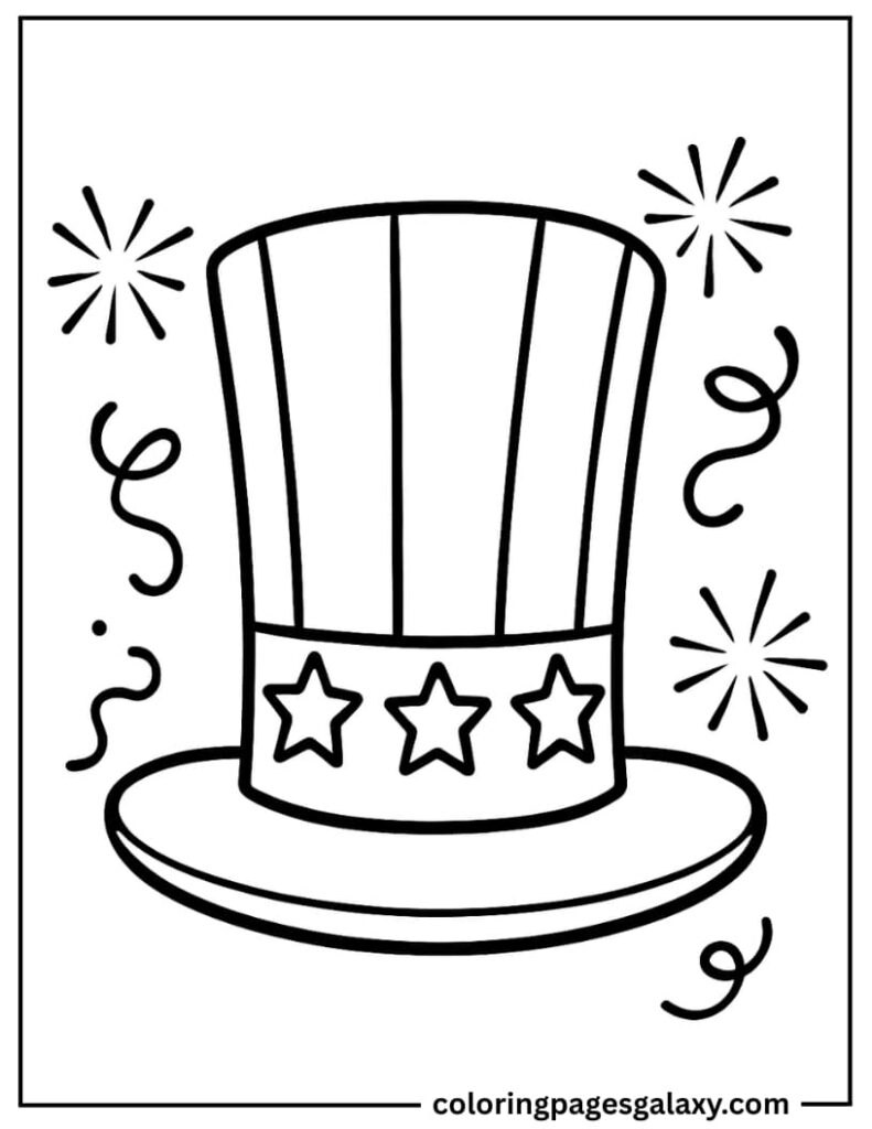 Easy Top Hat With Stars And Stripes Coloring Sheet For Preschoolers