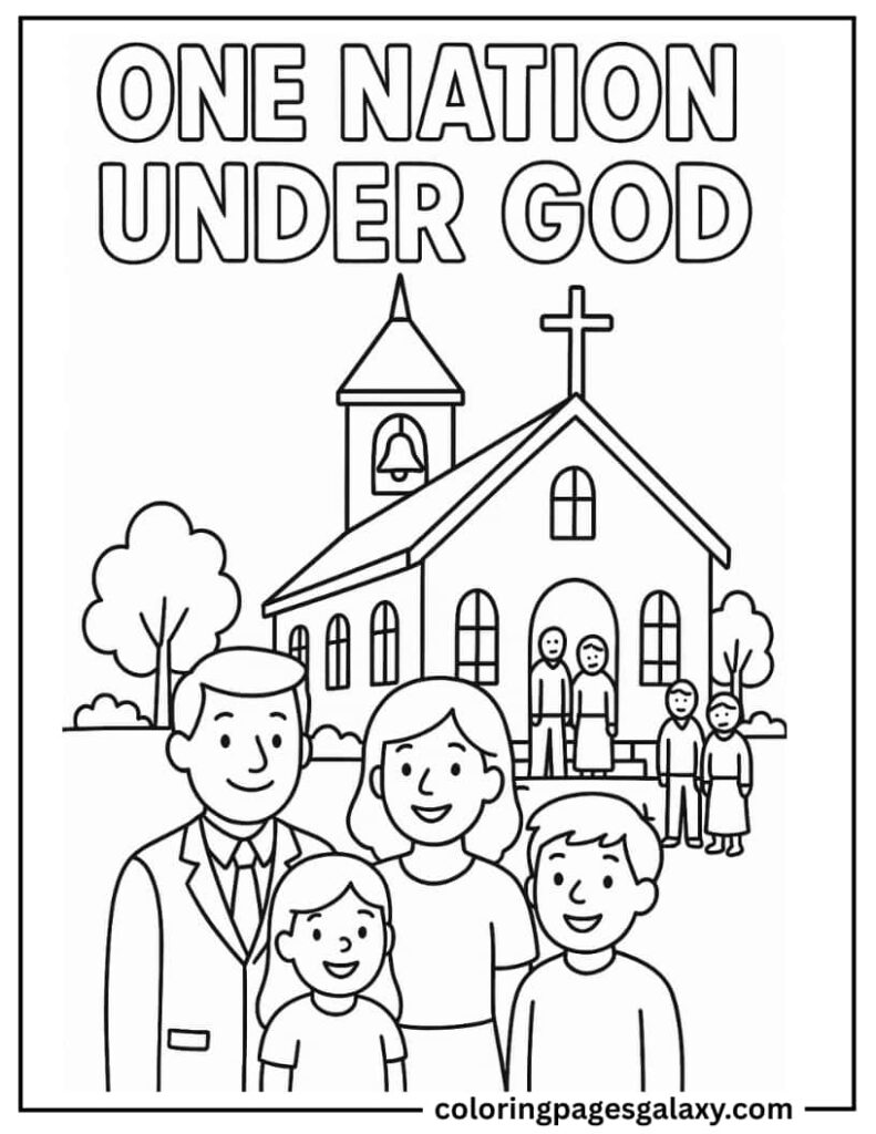 Family At Church With Text One Nation Under God Coloring Page