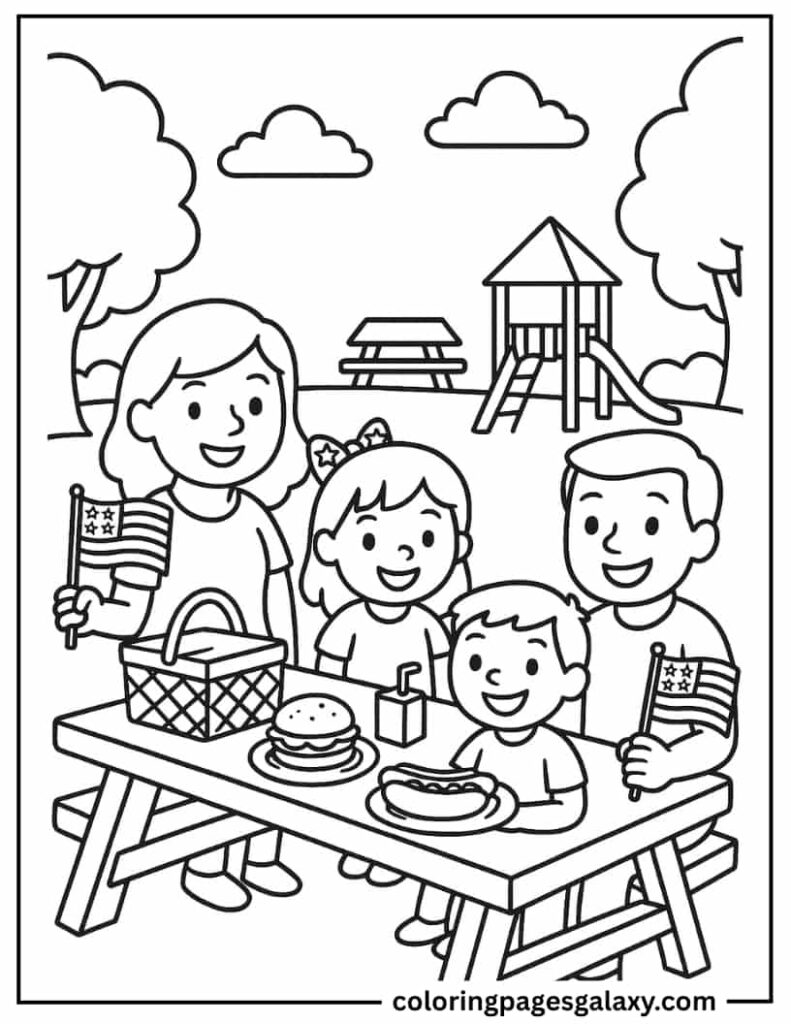 Family Having A Picnic On An Independence Day In A Park Setting Coloring Sheet