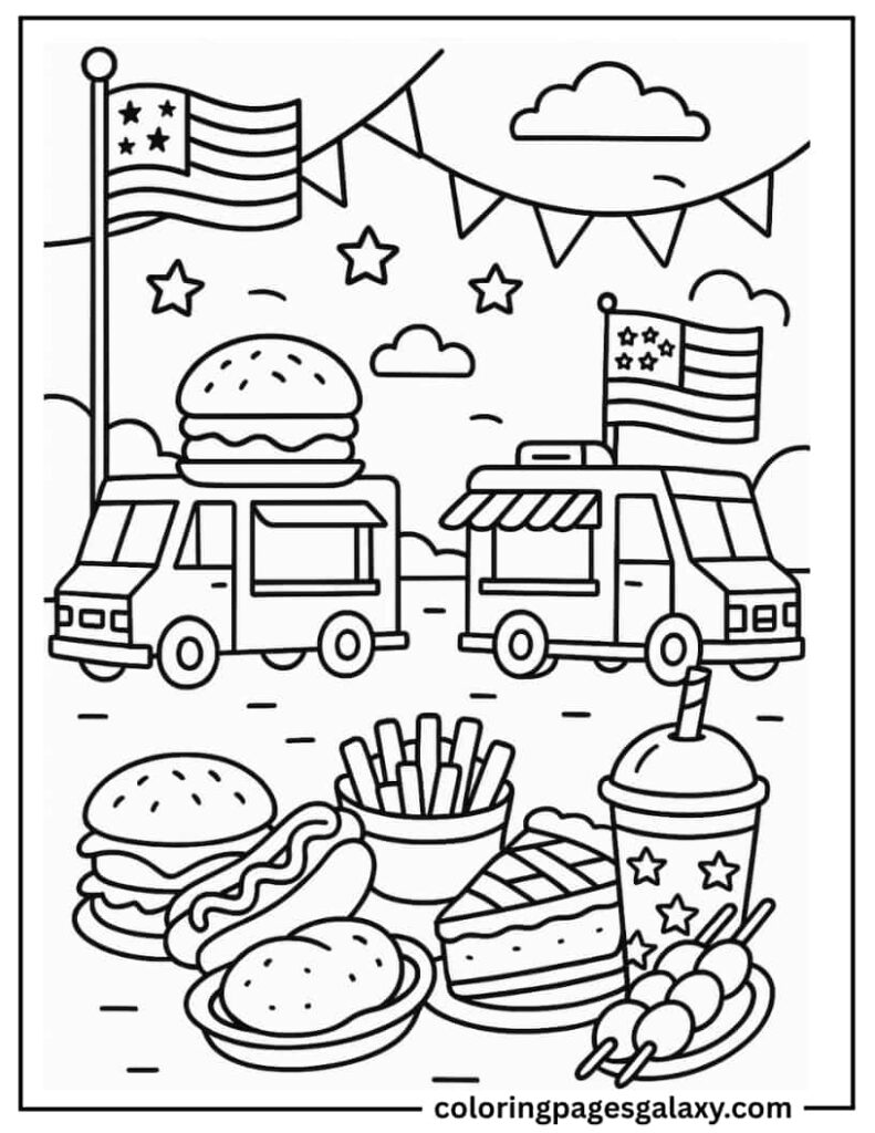 Food Festival With Various American Dishes Coloring Page For Preschoolers