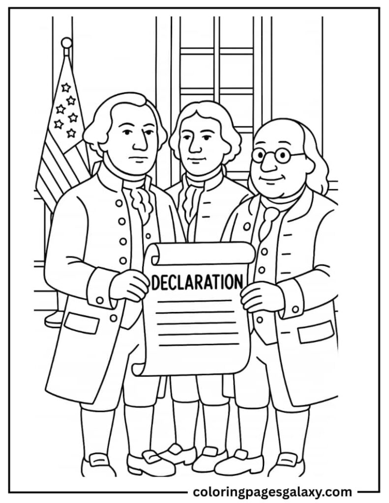 Founding Fathers Standing Together Holding Declaration Scroll Page To Color