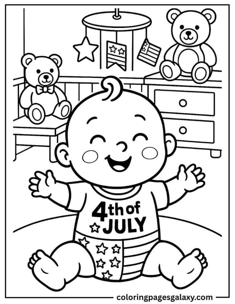 Fourth Of July Baby In Nursery Room With Teddy Bears