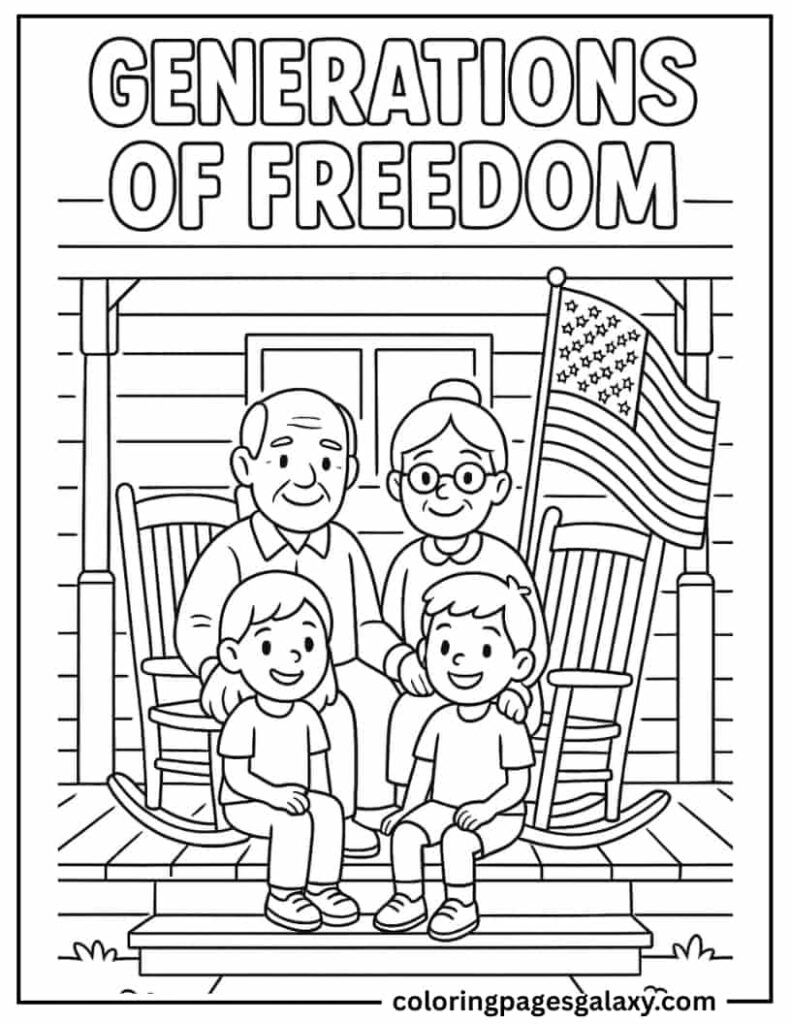 Generations Of Freedom Text With Group Of Grandparents With Grandkids Coloring Page