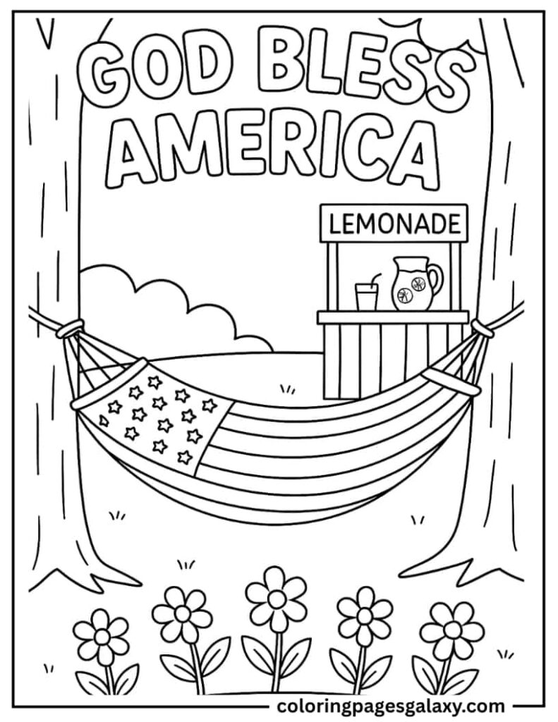 God Bless America Text With American Flag Hammock Between Trees Coloring Page