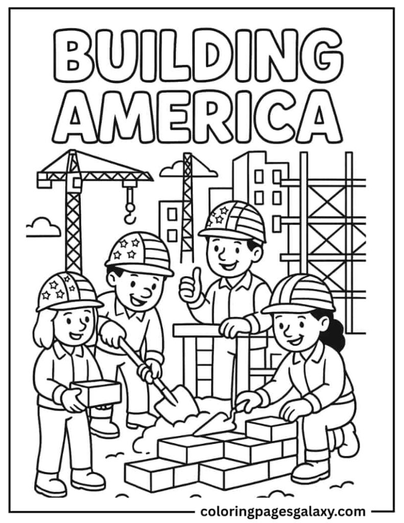 Group Of Construction Workers Building With American Flag Hard Hats