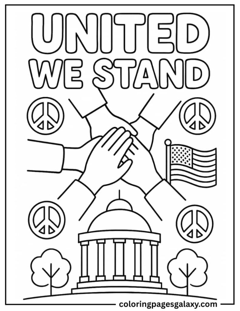 Group Of Hands Joining Together With American Flag And Peace Symbols To Color
