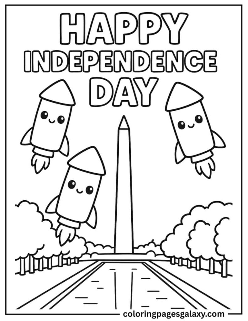 Happy Independence Day Text With Rockets Display Over Washington Monument Coloring Sheet