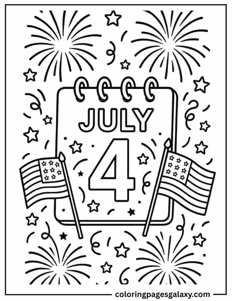 July 4th Calendar Page Coloring Sheet
