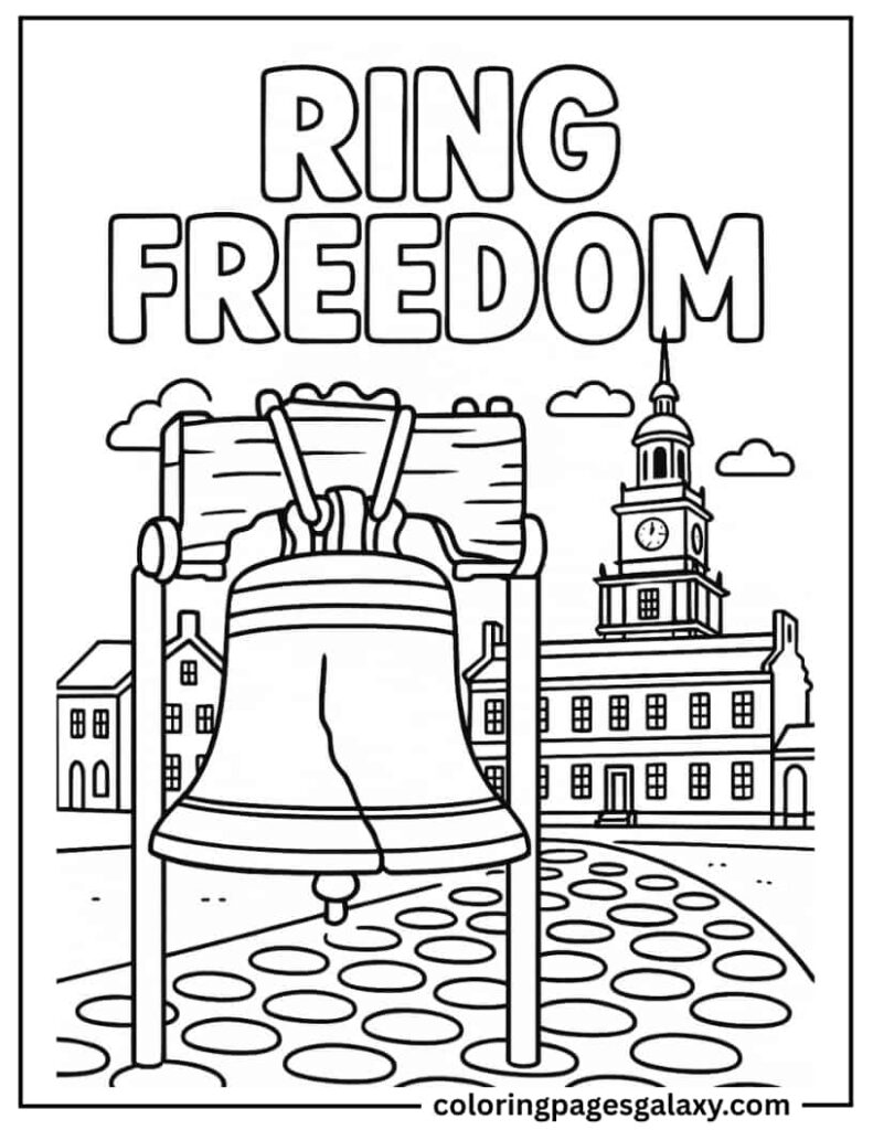 Liberty Bell with Historic Philadelphia Buildings Coloring Page