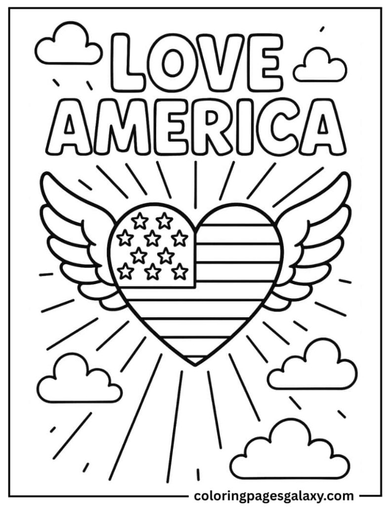 Love America text with flag heart with wings coloring sheet for preschoolers