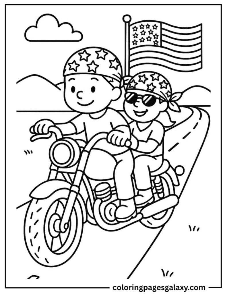 Open Highway Motorcycle Rally With American Flag Bandanas Coloring Page