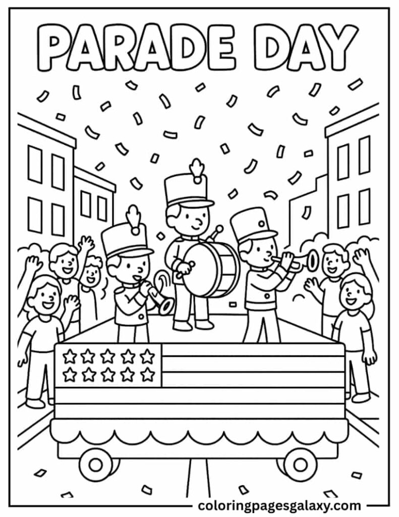 Patriotic Parade Float With Marching Band Coloring Page