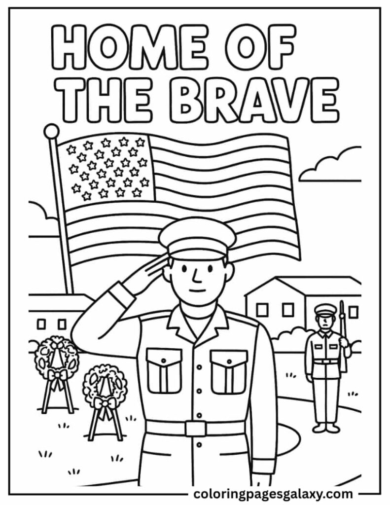 Soldiers Saluting On July 4th With Memorial Wreaths And Honor Guard Coloring Page