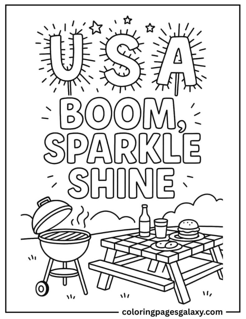 Sparklers Spelling Out USA In The Air With A Backyard Barbecue With Grill Coloring Sheet