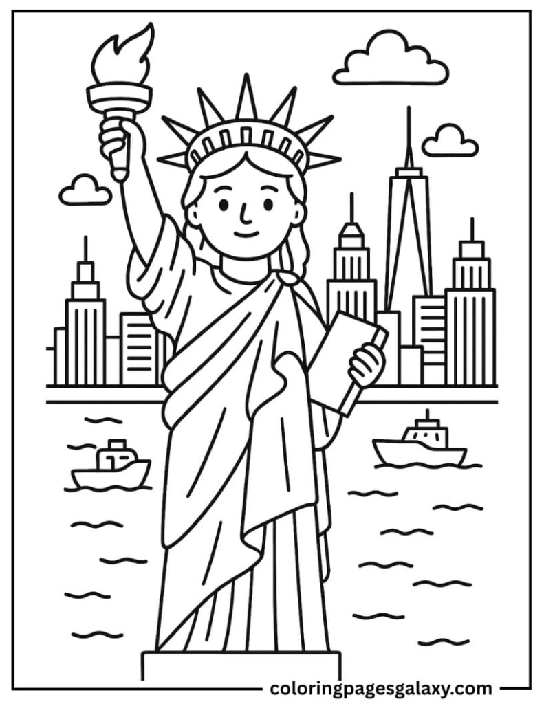 Statue Of Liberty With Crown And Robes Coloring Page For Kids