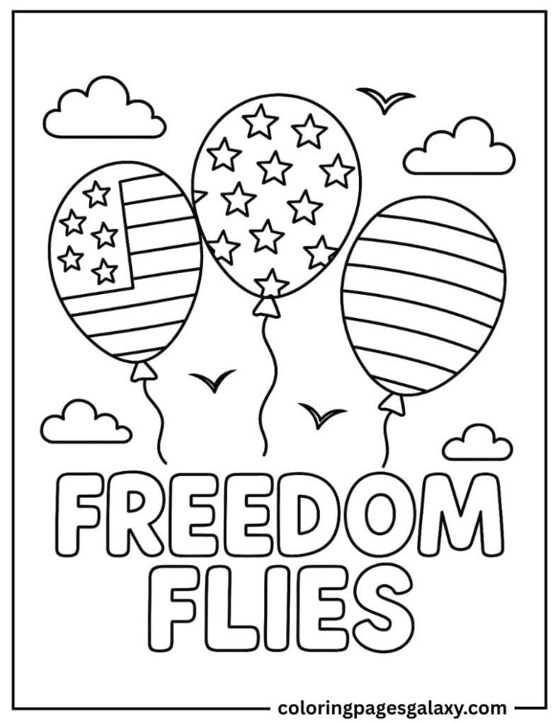Three USA Themed Balloons Floating In Sky With Text Freedom Flies