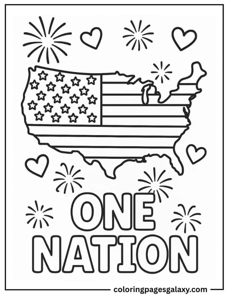 USA Map With Text One Nation Coloring Page For Kids