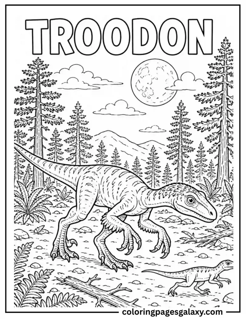 Clever Troodon In A Forest Coloring Page Coloring Page