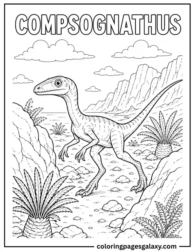 Compsognathus Coloring Page In A Dry Island Environment