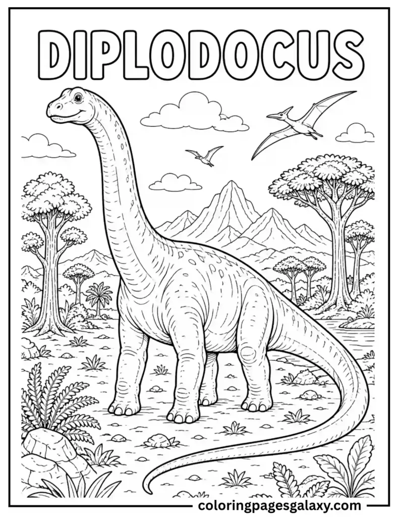 Diplodocus Dinosaur In A Prehistoric Savanna Coloring Page