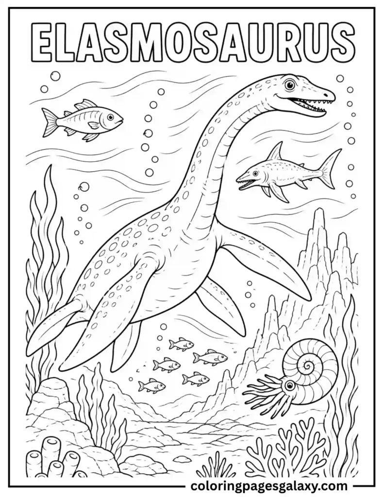 Elasmosaurus Swimming Deep Underwater Coloring Page
