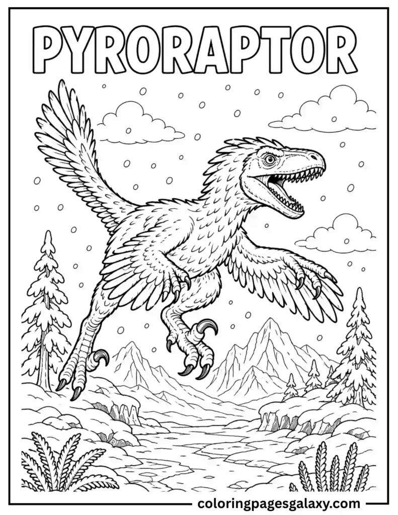 Feathered Pyroraptor Coloring Sheet Leaping Through Snow