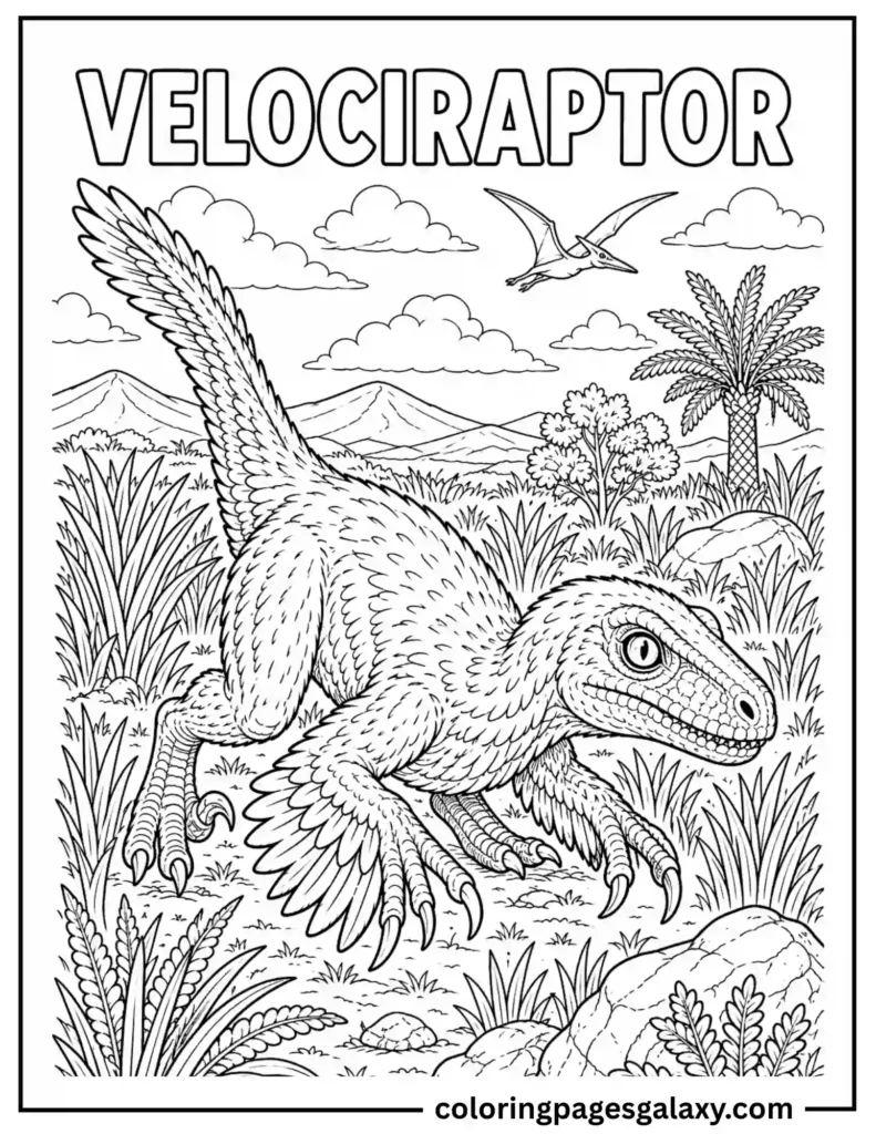 Feathered Velociraptor Coloring Page In Prehistoric Landscape
