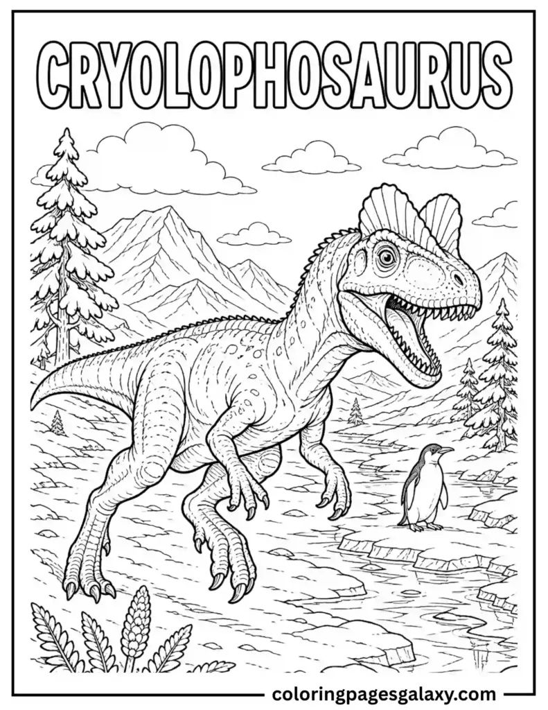 Fierce Cryolophosaurus Hunting Across An Antarctic Valley Coloring Page
