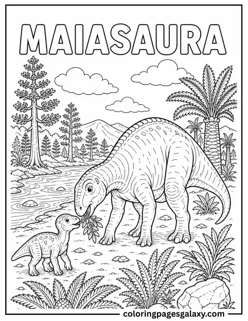 Gentle Maiasaura Feeding Her Baby Coloring Page