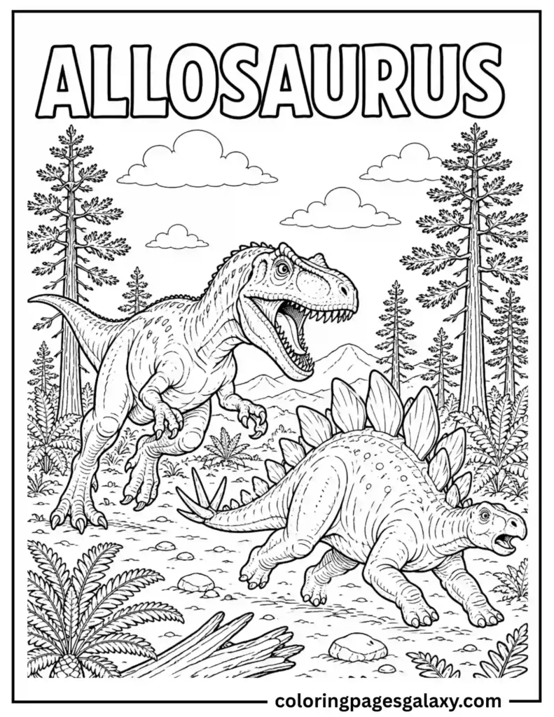 Mighty Allosaurus Chasing A Stegosaurus Coloring Page