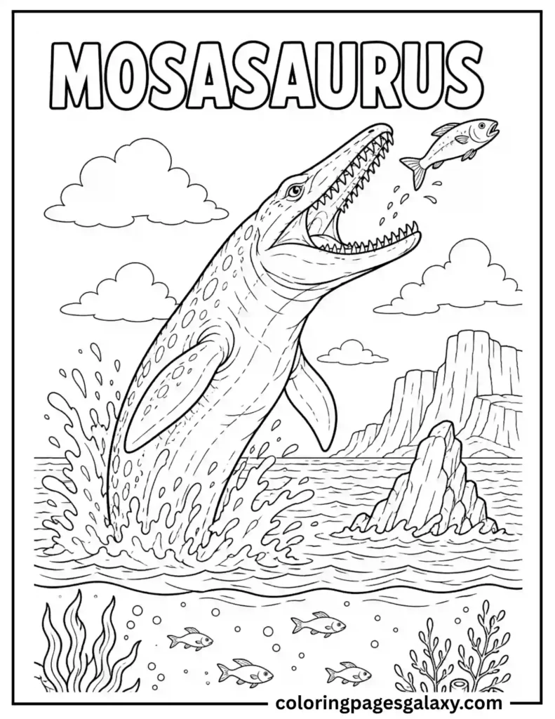 Mosasaurus Jumping Out Of The Water Coloring Page