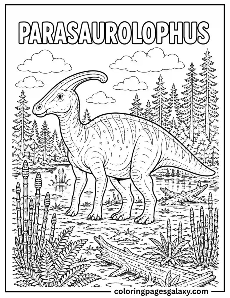 Parasaurolophus In A Swampy Wetland Coloring Page