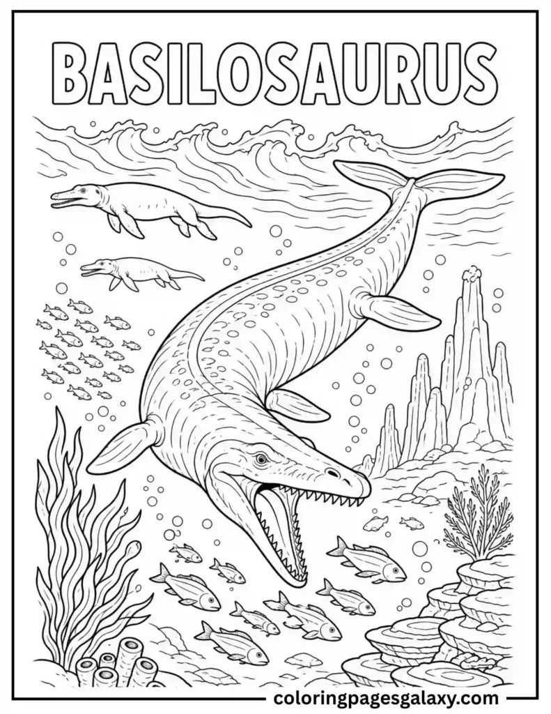 Powerful Basilosaurus Hunting Beneath Ocean Coloring Page