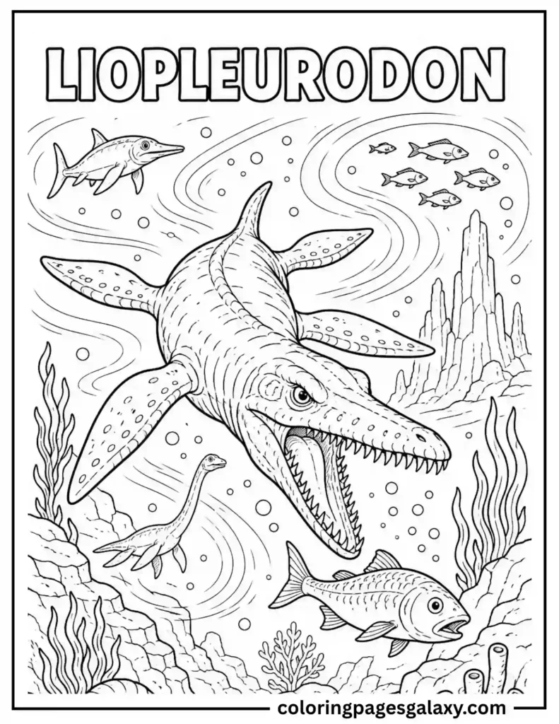 Powerful Liopleurodon Swimming In Prehistoric Ocean Surface Coloring Page