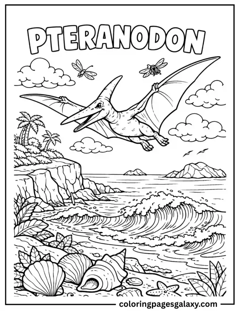 Pteranodon Flying Over Rocky Shoreline Coloring Page