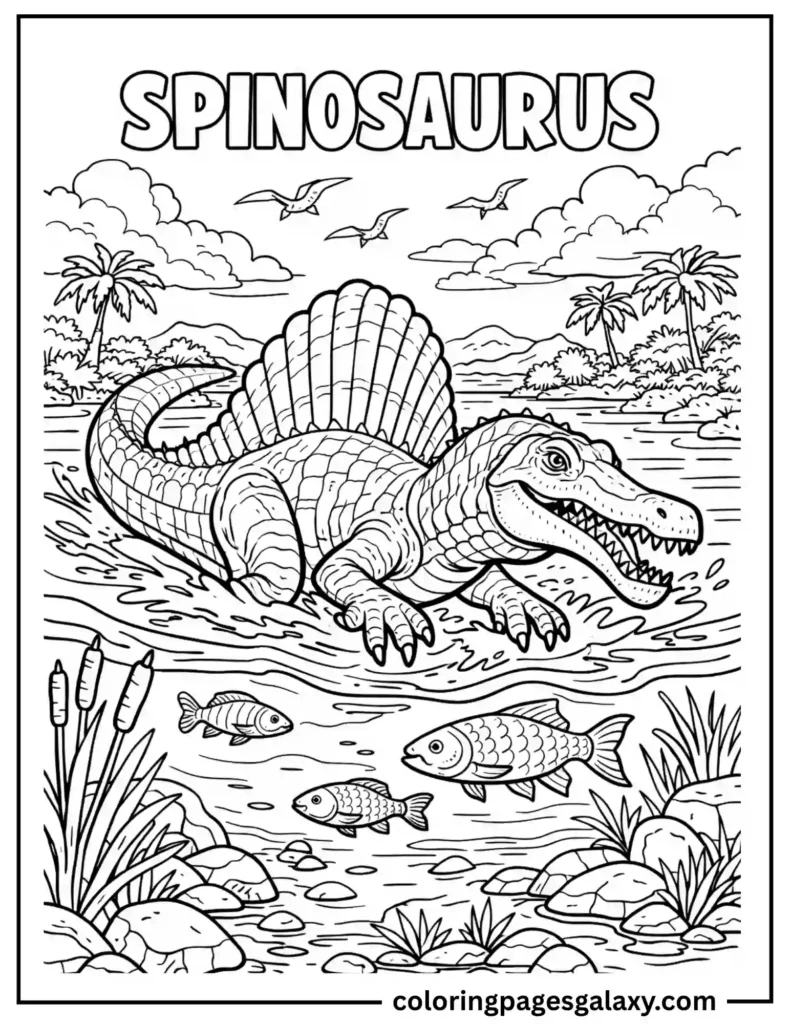 Spinosaurus Fishing In River Coloring Page