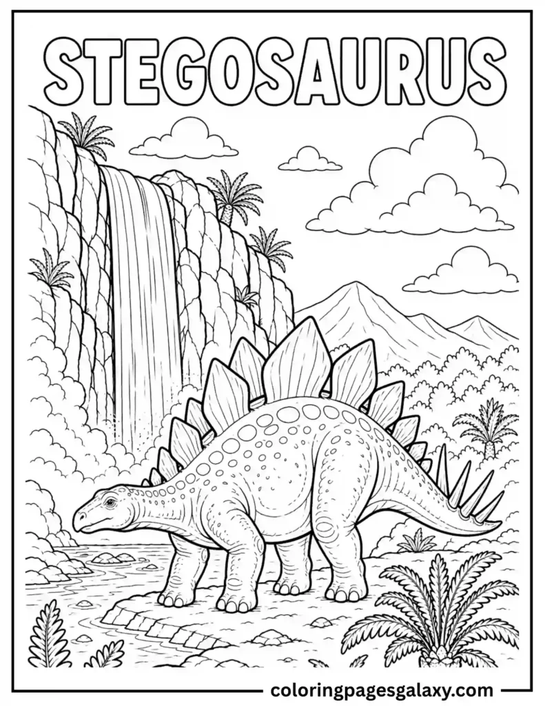 Stegosaurus Coloring Page Standing Beside A Tall Waterfall
