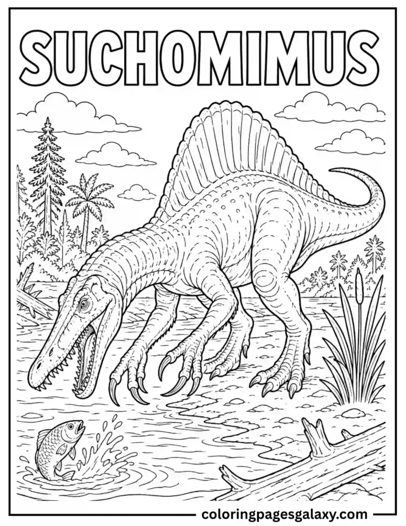 Suchomimus Hunting By The River Flying Over Rocky Shoreline Coloring Page