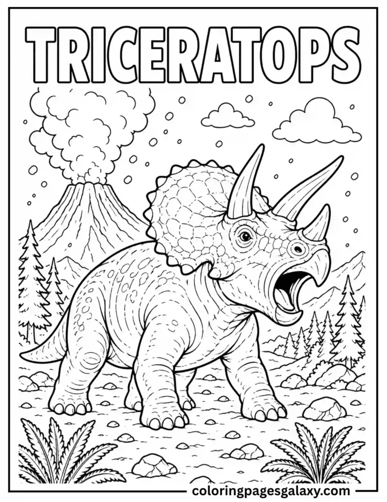 Triceratops Roaring Near A Smoky Volcano Coloring Page
